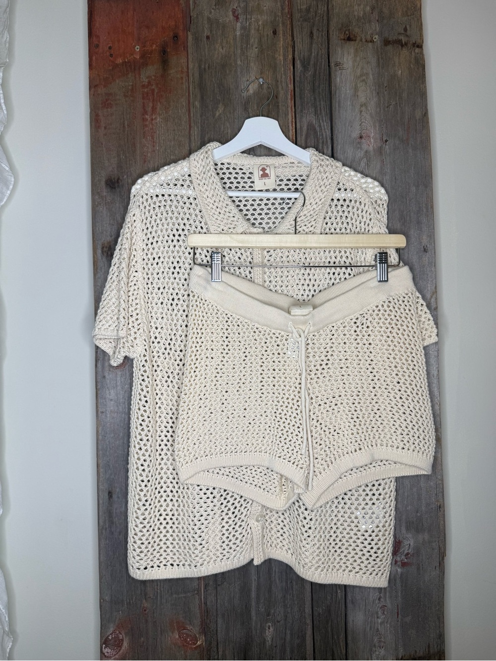 Dandy Del Mar Unisex Two Piece Crochet Beach Set in Beige Large